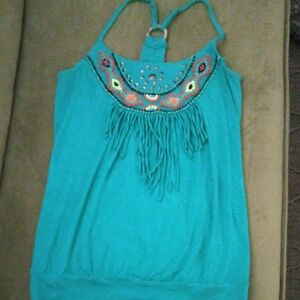 American Rag Teal Embellished Fringe Tank Top